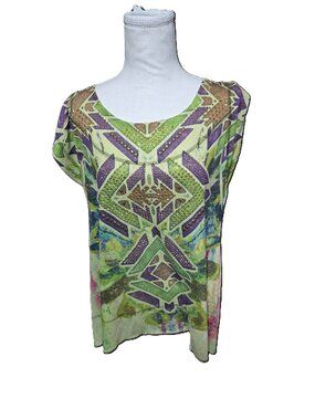 Apt. 9 Green Multi-Color Top With Rhinestones & Flutter Sleeves